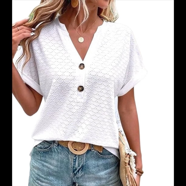 Camiseta Henley de Corta con Cuello en V para Mujer, Color , Talla XXL