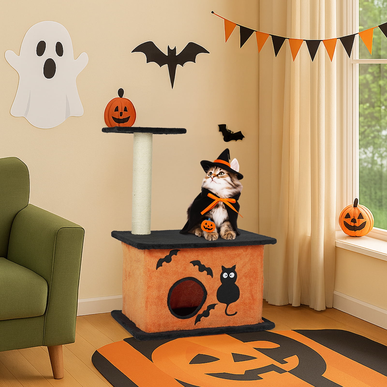 Zimtown Halloween Themed Cat Tree, Two-Level Scary Face Tower for Indoor Cats, Black & Orange