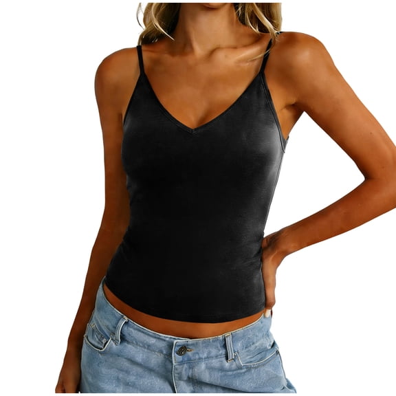 YODETEY Women’s Women’s Ribbed Fitted V-Neck Spaghetti Strap Tank Top , Black,Size S-XL