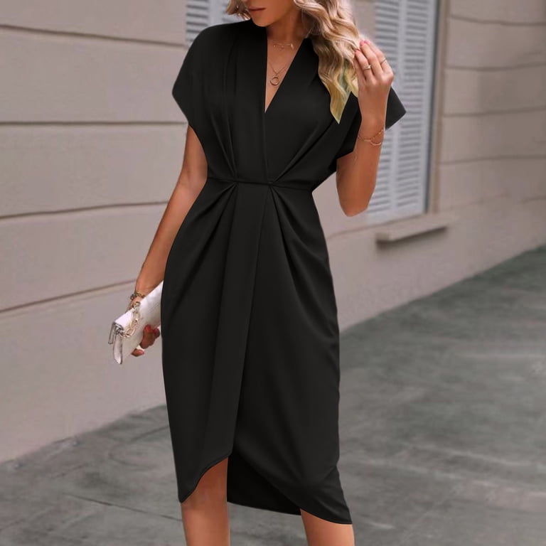 cocktail hour black wrap dress Mifsaly Wrap Dresses for Women 2026 High Waist A-Line V Neck Long Dress Ruffle Hem Tiered Elegant Cocktail Party Wedding Guest Gowns Black,M
