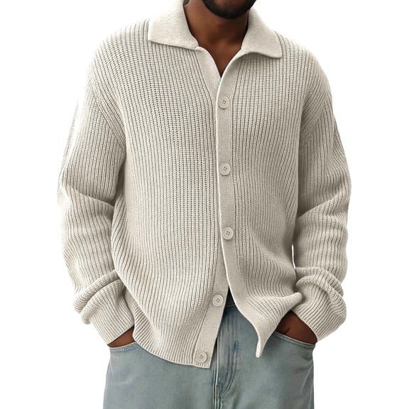 Men's Lapel Solid Color Loose Multifunctional Long-sleeve Knitted Cardigan Sweater Jacket Light Gray L