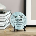 thumbnail image 3 of Round The Lord Is Good, A Refuge In Times Of Trouble. Nahum 1:7 Blue Wood Color Circle Table Sign (5x5"), 3 of 4