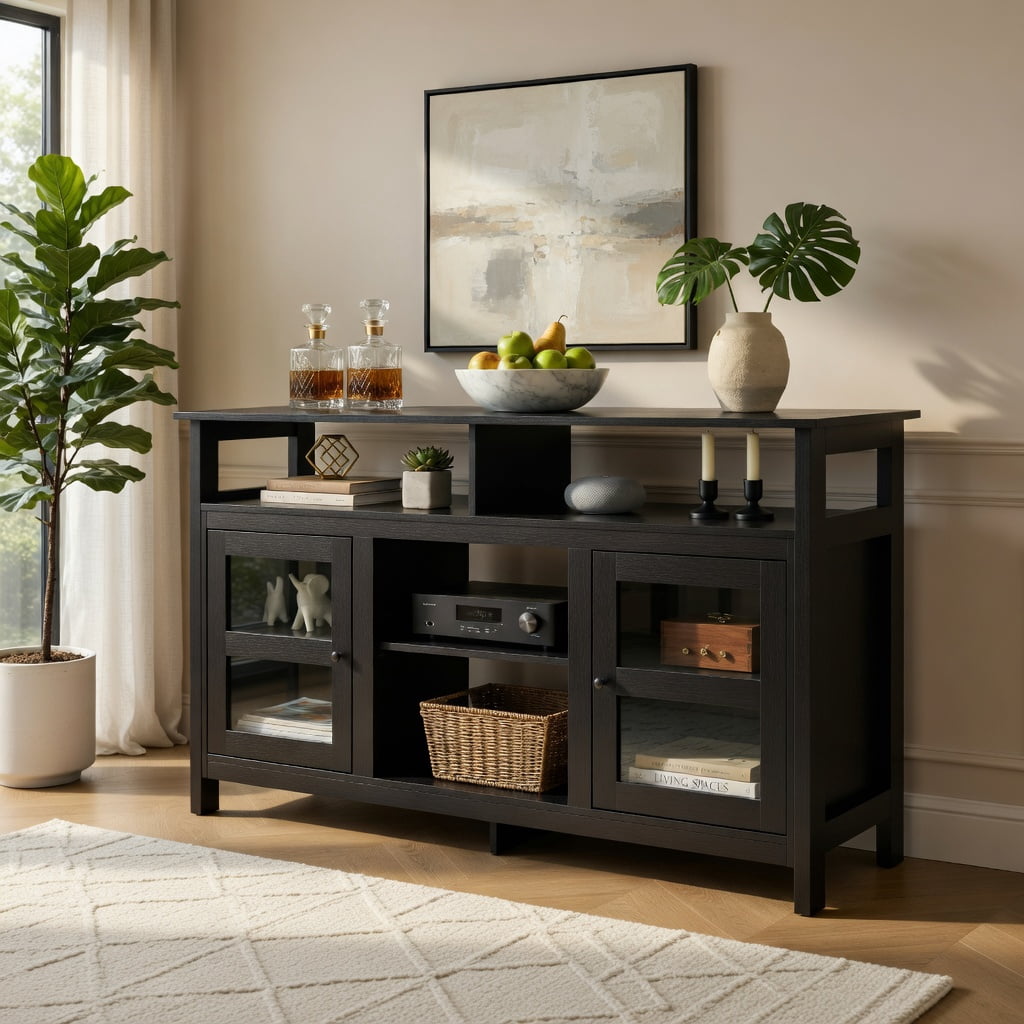Demi Bonn TV Stand, TV Cabinet, 58 Inch TV Stand Entertainment Console Center with 2 Cabinets, Media Entertainment Center with Storage, for Living Room, Bedroom, Black