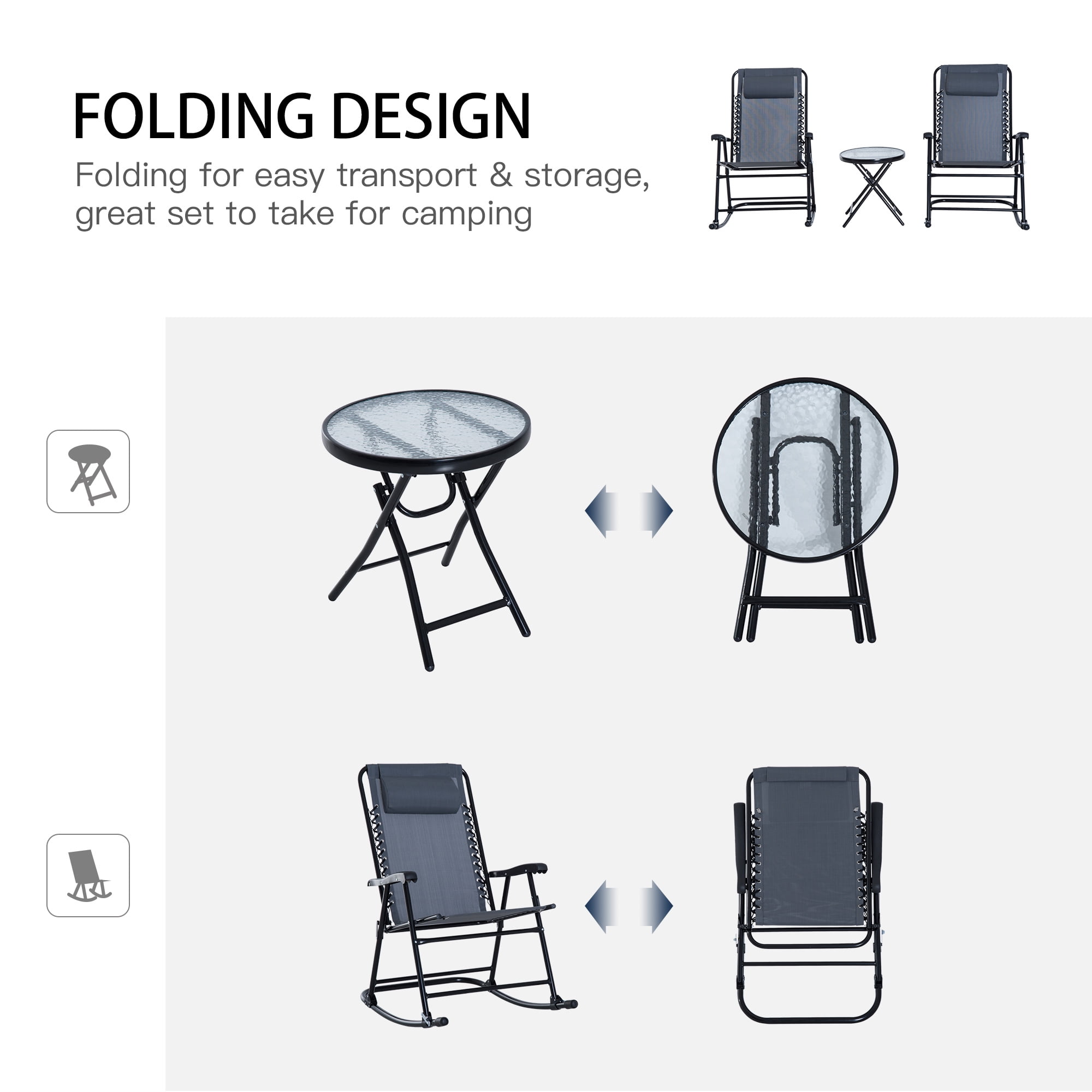 Outsunny 3 Piece Outdoor Rocking Bistro Set, Patio Folding Chair Table Set with Glass Coffee Table for Yard, Patio, Deck, Backyard, Gray