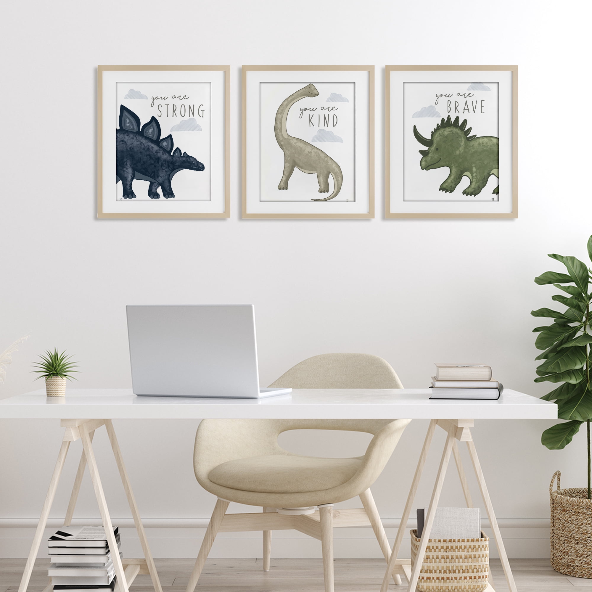 Stupell Industries Hopeful Encouraging Dinosaurs 3 Piece Birch Framed Print Under Glass Set, design by Elizabeth Tyndall