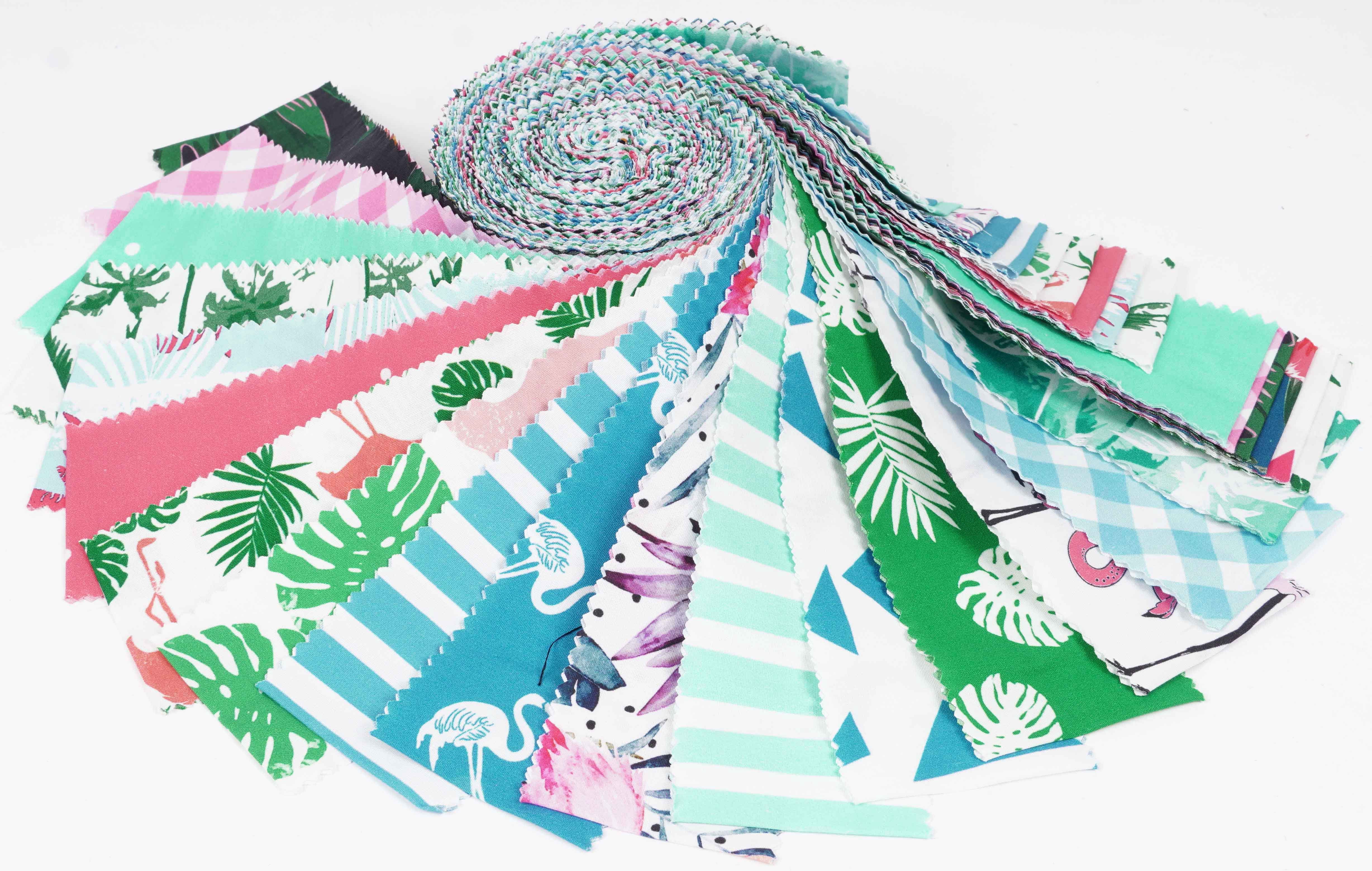 Soimoi 40Pcs Tropical Theme Flamingo Print Cotton Precut Fabrics For Quilting Craft Strips 2.5x42inches Jelly Roll - Pink, Blue & Green