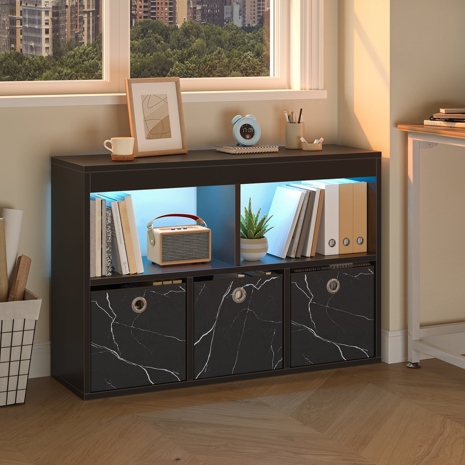 Pinmoco 5-Cube Kid's Bookshelf LED Toy Storage Organizer with Three Marbled Fabric Drawers for Playroom Storage, Black