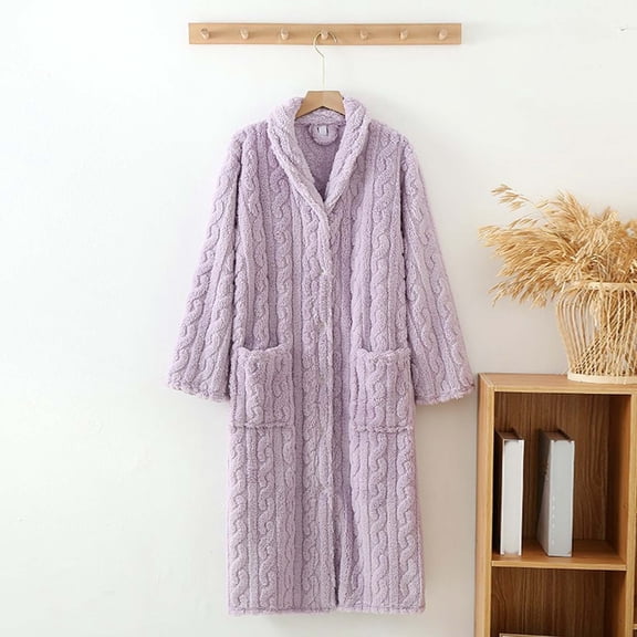 Women's Long Kimono Robe with Collar and Button Closure for Cozy Home Loungewear and Relaxation
