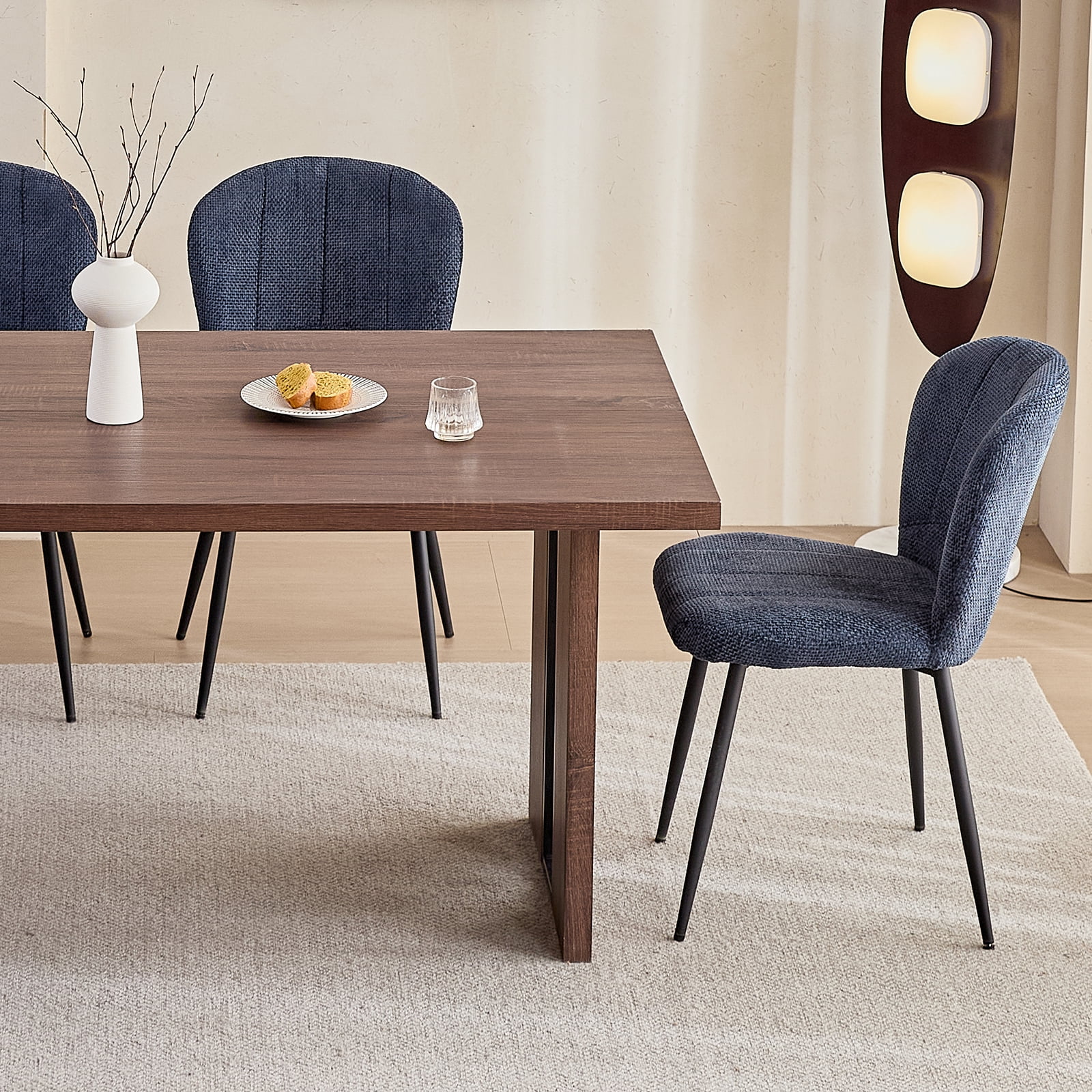 63" Dining Table Set for 4 6 People, 5 Piece Kitchen Dining Room Table with 4 Blue Chenille Chairs for Living Kitchen Room Apartment