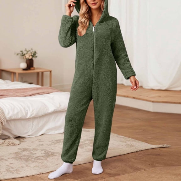 AUNVITO Women's Cozy Hooded Long Sleeve Jumpsuit with Front Zipper Casual Loungewear Style