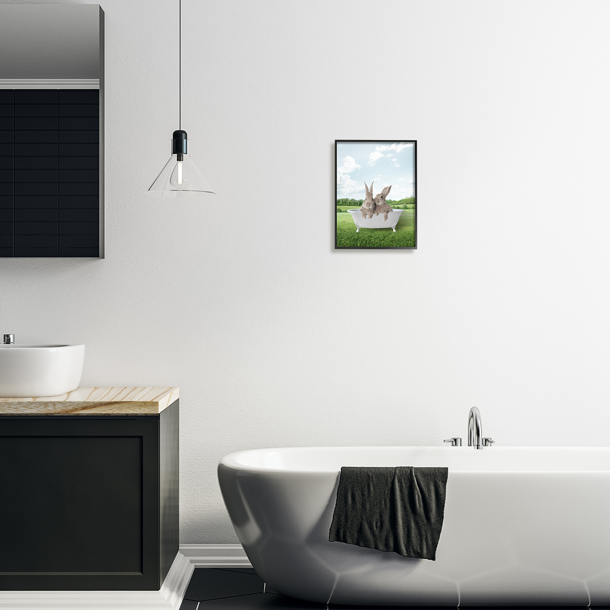 Stupell Industries Bunnies in Tub Landscape Nature Painting Black Framed Art Print Wall Art, 11 x 14