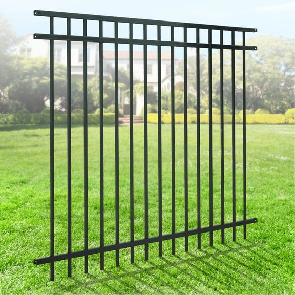 CAPHAUS Heavy Duty Flat Top Fence Barrier Panel, 5FT Height X 6FT Width Anti-Rust Metal Fencing Panel, 2” Diameter Steel Outdoor Decorative Garden Fence Panel for Yard, Pool, Patio, Single Panel