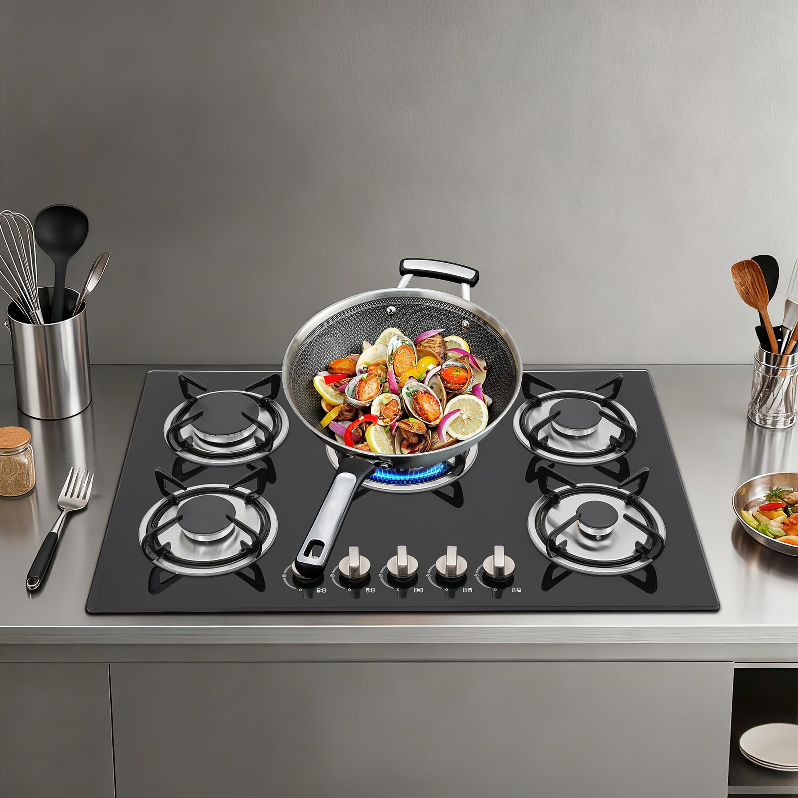 5-Burner Natural Gas Cooktop – Elegant Tempered Glass Surface, Flexible Flame Control, Durable Porcelain Enamel Grates, Energy-Efficient, Ideal for Fast and Precise Cooking