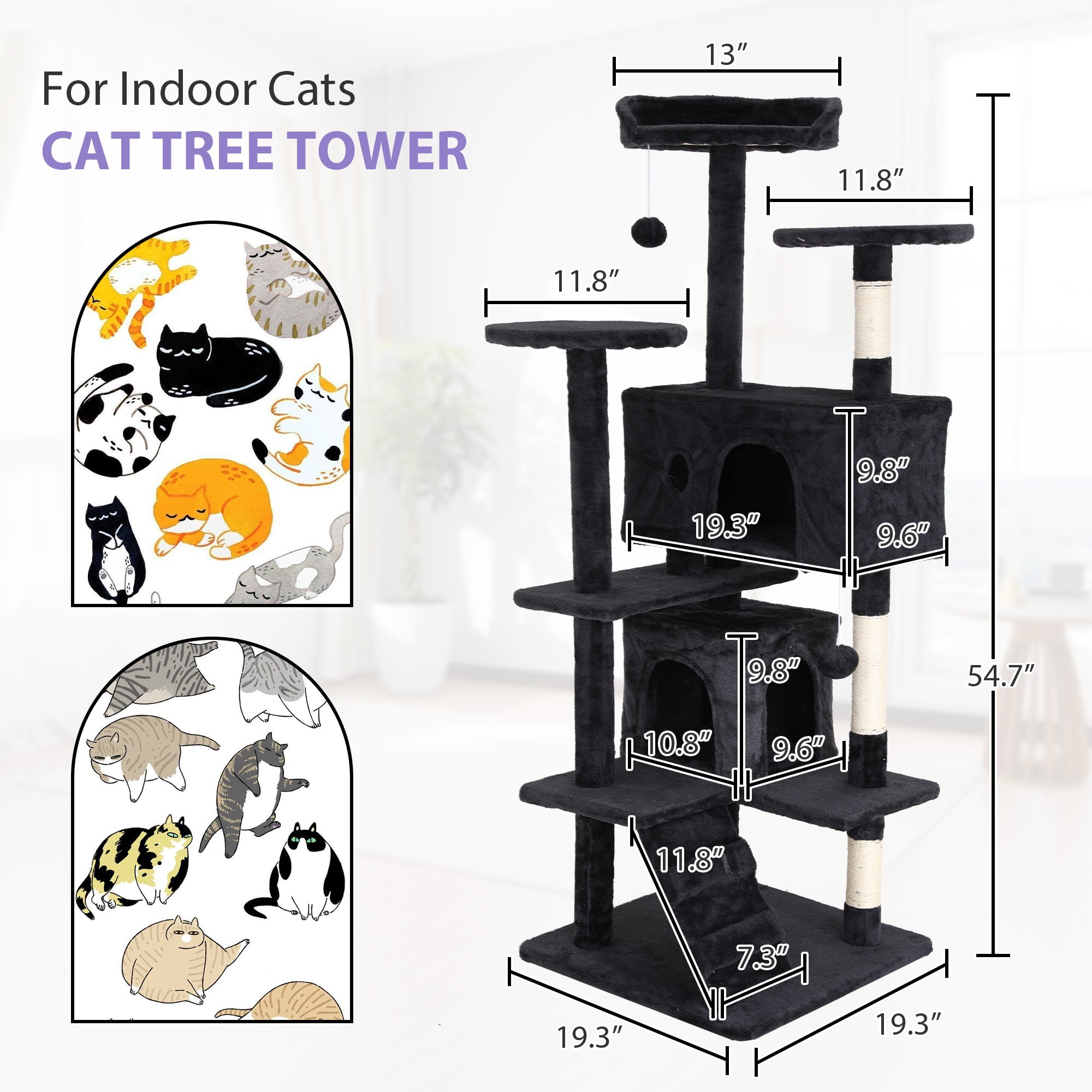 CL.HPAHKL 54In Multi-Level Cat Trees, Cat Tower with Durable Sisal-Covered Scratching for Kittens Posts Tall Cat Tree Cats Kitty Condo Activity Tree Center, Dark Gray