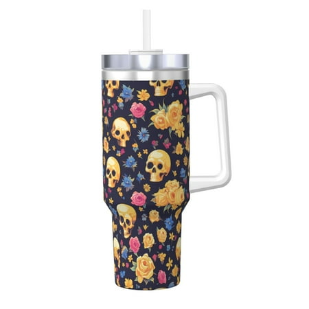 

Zeuib Skull gold flower Printed Insulated Stainless Steel Hot/Cold Coffee Cup 40oz Ice Bully With Handle Tumbler with Straw and Handle Insulated Water Bottle Travel Mug Cup