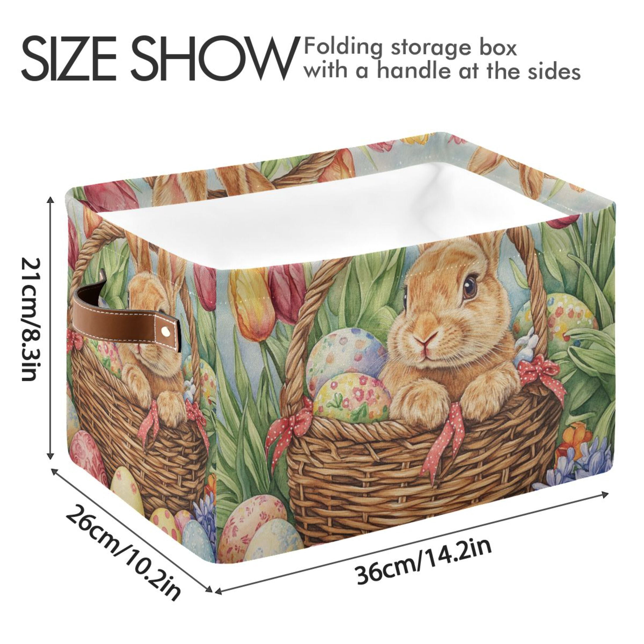 WOBOGO Easter Rabbit Square Storage Basket with Waterproof Canvas and PE Lining Durable PU Leather Handles 14.2×10.2×8.3in