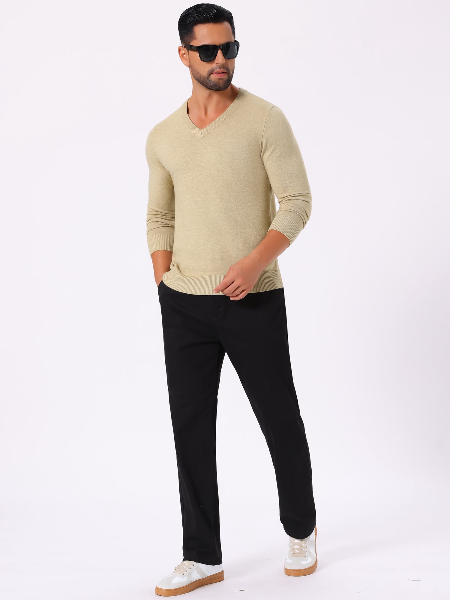 DARING DIVA Men's Long Sleeve V-Neck Solid Knitted Pullover Sweater L Beige