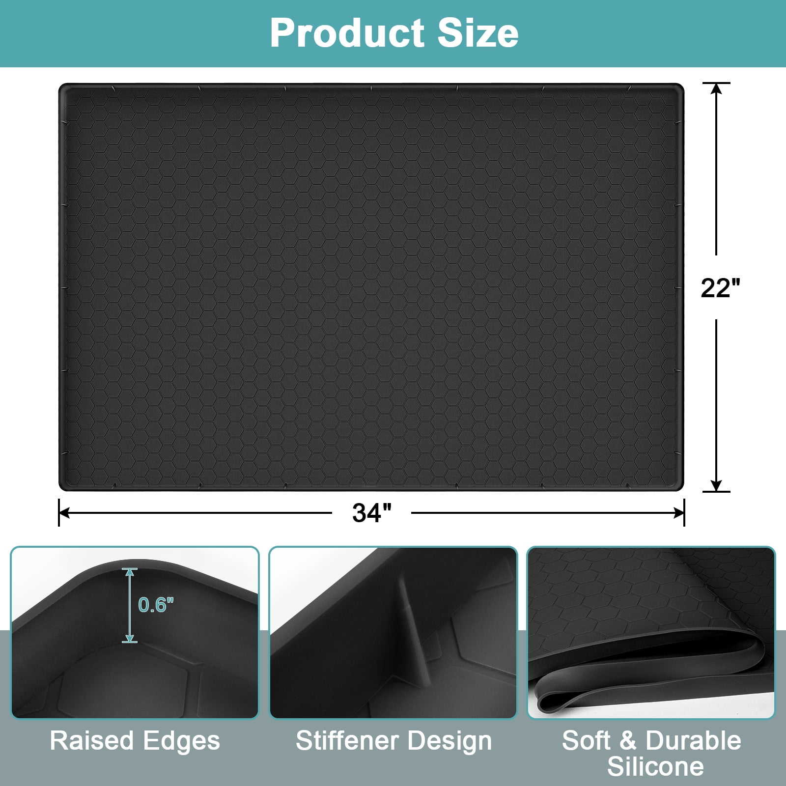 Waterproof Silicone Under Sink Mat with Lip for Kitchen and Bathroom, Under Kitchen Sink Mats and Protectors for 34" x 22" Cabinets, Under Sink Tray Organizer, Shelf Liners Cabinet Liner, Black
