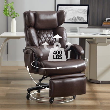 Bellemave Big and Tall Office Chair 400LBS Ergonomic Gaming Chair with High Back 360 Swivel & Headrest Footrest 150° Reclining Adjustable backrest Armrests Pockets and Pillow, Brown