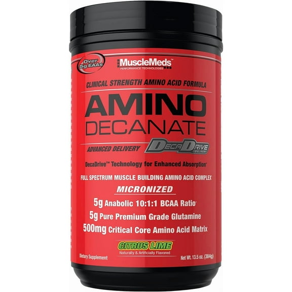 MuscleMeds Amino Decanate – 5 g Leucine‑Loaded BCAAs, 5 g Glutamine & 500 mg CCAA Matrix – Citrus Lime, 13.5 oz (30 Servings)
