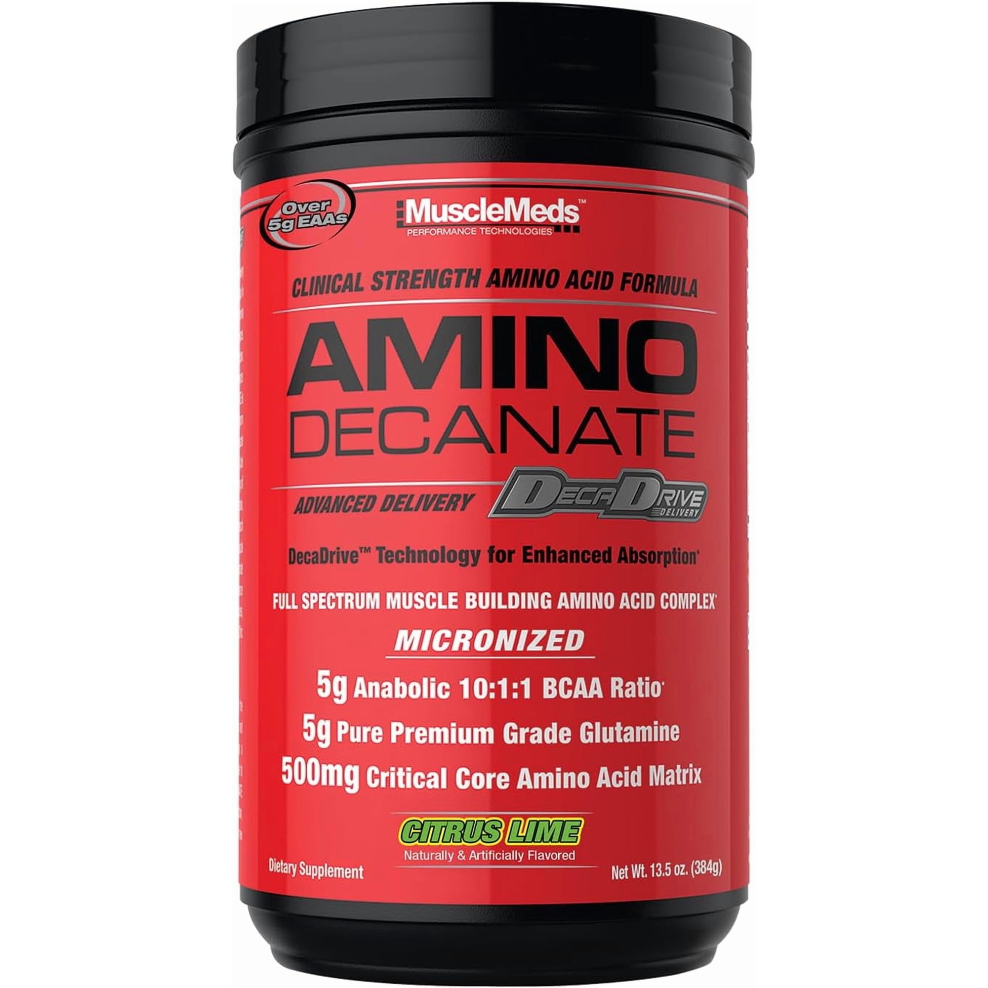 MuscleMeds Amino Decanate – 5 g Leucine‑Loaded BCAAs, 5 g Glutamine & 500 mg CCAA Matrix – Citrus Lime, 13.5 oz (30 Servings)