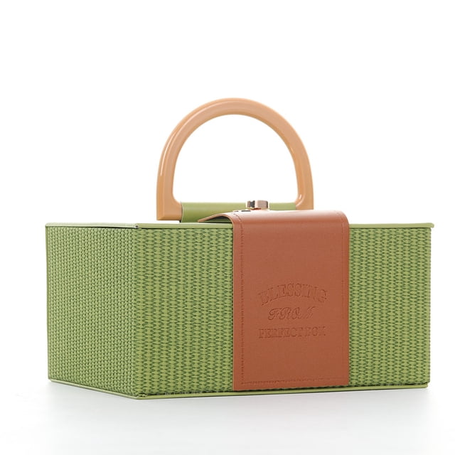 Caja de regalo elegante de piel sintética rosa con asa de 28 x 13 x 19 cm