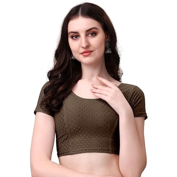 Brown2 Readymade Saree Blouse with Short Sleeves, Stretchable Ethnic Blouse for Daily & Festive Wear