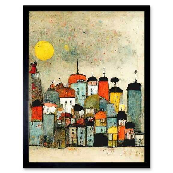 Mid Day Sun Town Skyline Art Print Framed Poster Wall Decor 12x16 inch