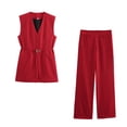 thumbnail image 3 of HH TRAF Conjunto de 2 piezas formado por camiseta y pantalón de pierna ancha, holgado, con cintura alta y cremallera lateral, sin mangas, con cinturón y bolsillo, escote en V y decorado para mujer, 3 of 4