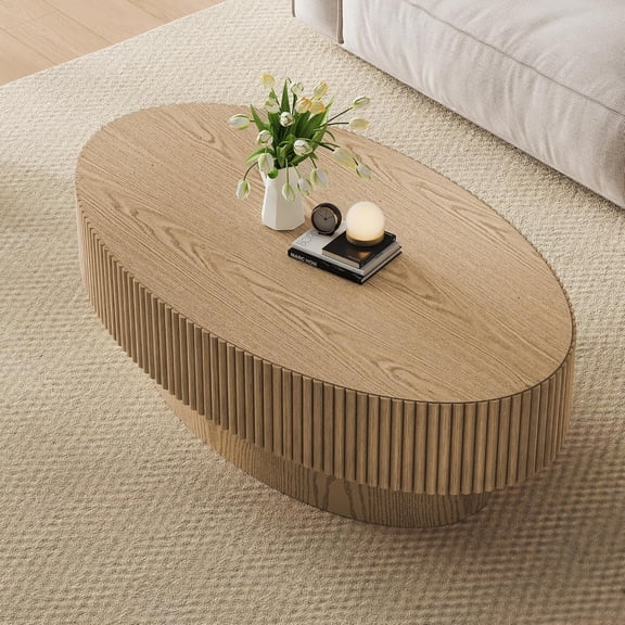 Gelloan 43.7" Olive Shape Wood Coffee Table, Modern Fluted Coffee Table for Living Room, Veneer Handcrafted Relief Tea Table with Sturdy Pedestal,Natural