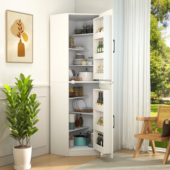Mintazer 70.87" Tall Corner Pantry Cabinet, L Shaped Kitchen Hutch Corner Cupboard with 2 Doors & Shelves for Dining Room, Kitchen, Closet, White