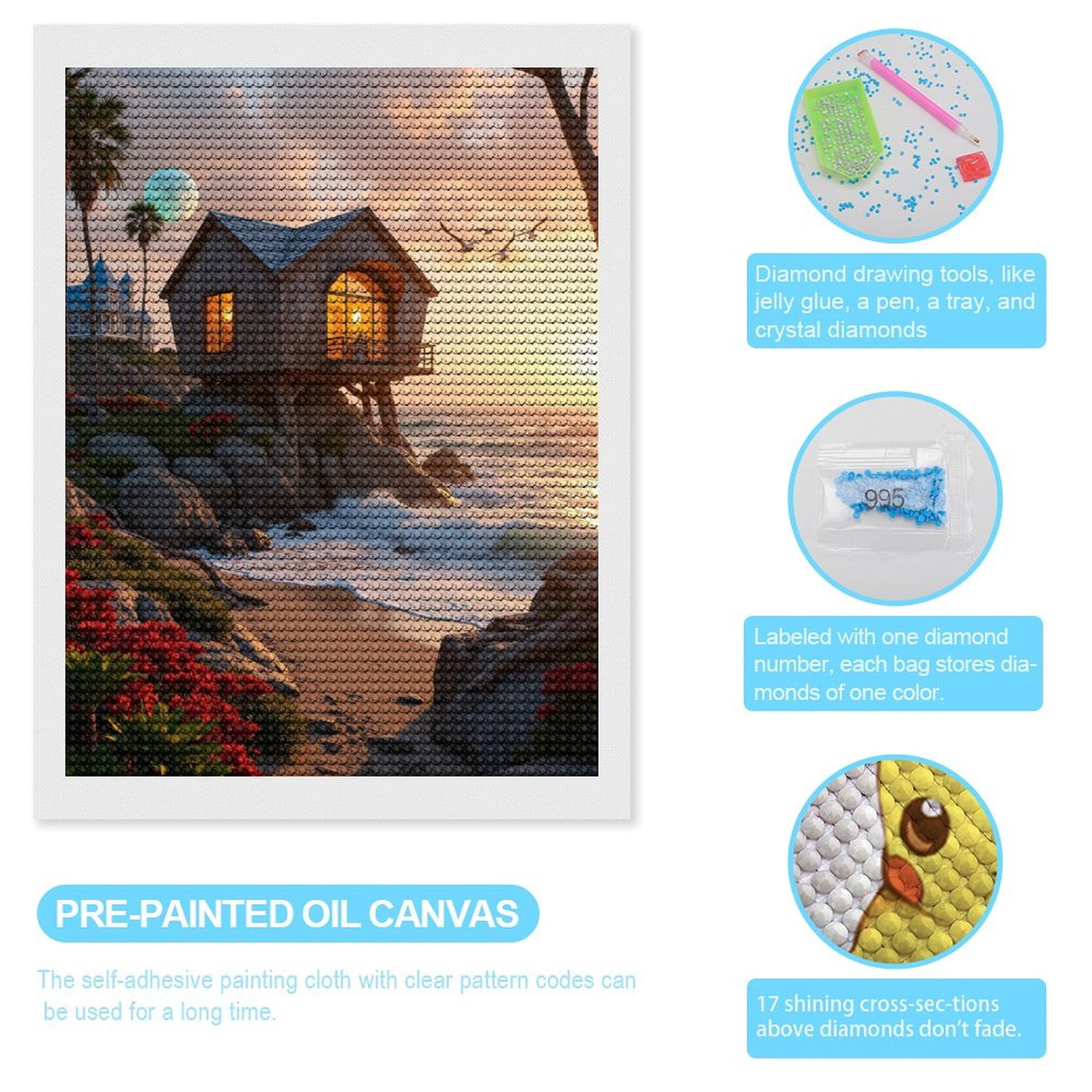 Diamond Art Kits for Adults, Coastal Cabin Sunset Ocean Moon 5D Diamond Painting Kits for Adults Beginners, DIY Full Drill Diamond Painting, Gem Art and Crafts 12x16