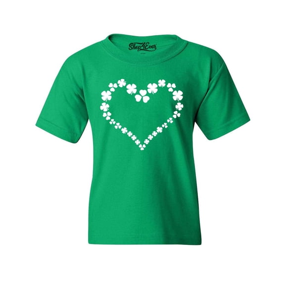 Shop4Ever Kids Shamrock Heart St. Patrick's Day Graphic Child's Youth T-Shirt X-Large Irish Green