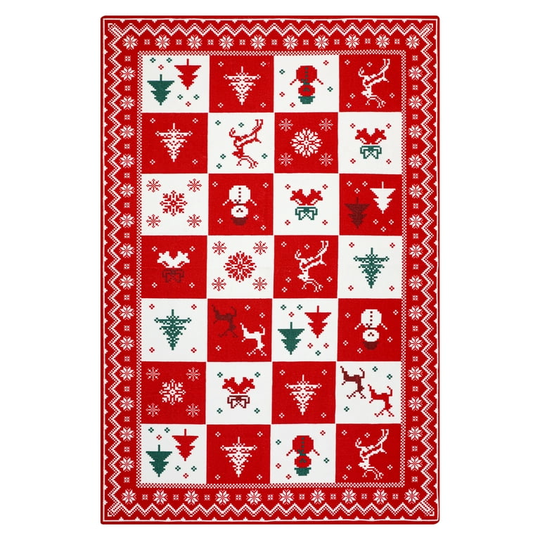 MCOW Red Area Rug 2x3 Christmas Rug Entryway Kitchen Rug Snowflake Doormat  Print Plaid Floor Cover Accent Bathroom Non Slip Living Room Bedroom Carpet  with Gripper 