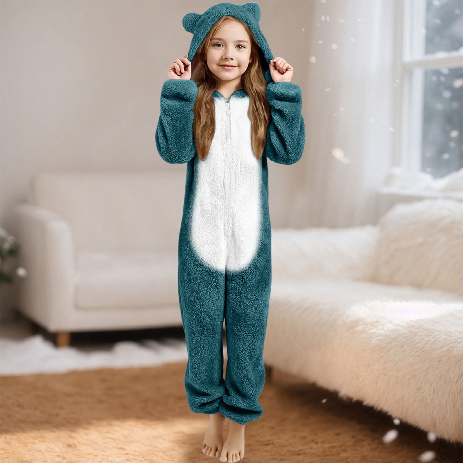 YunPes Girls Fleece Onesie Warm Animal Fleece Bed Jumpsuit Kids Cute Winter Plain Zip Up Long Sleeve Soft Fuzzy Bear Hooded Romper