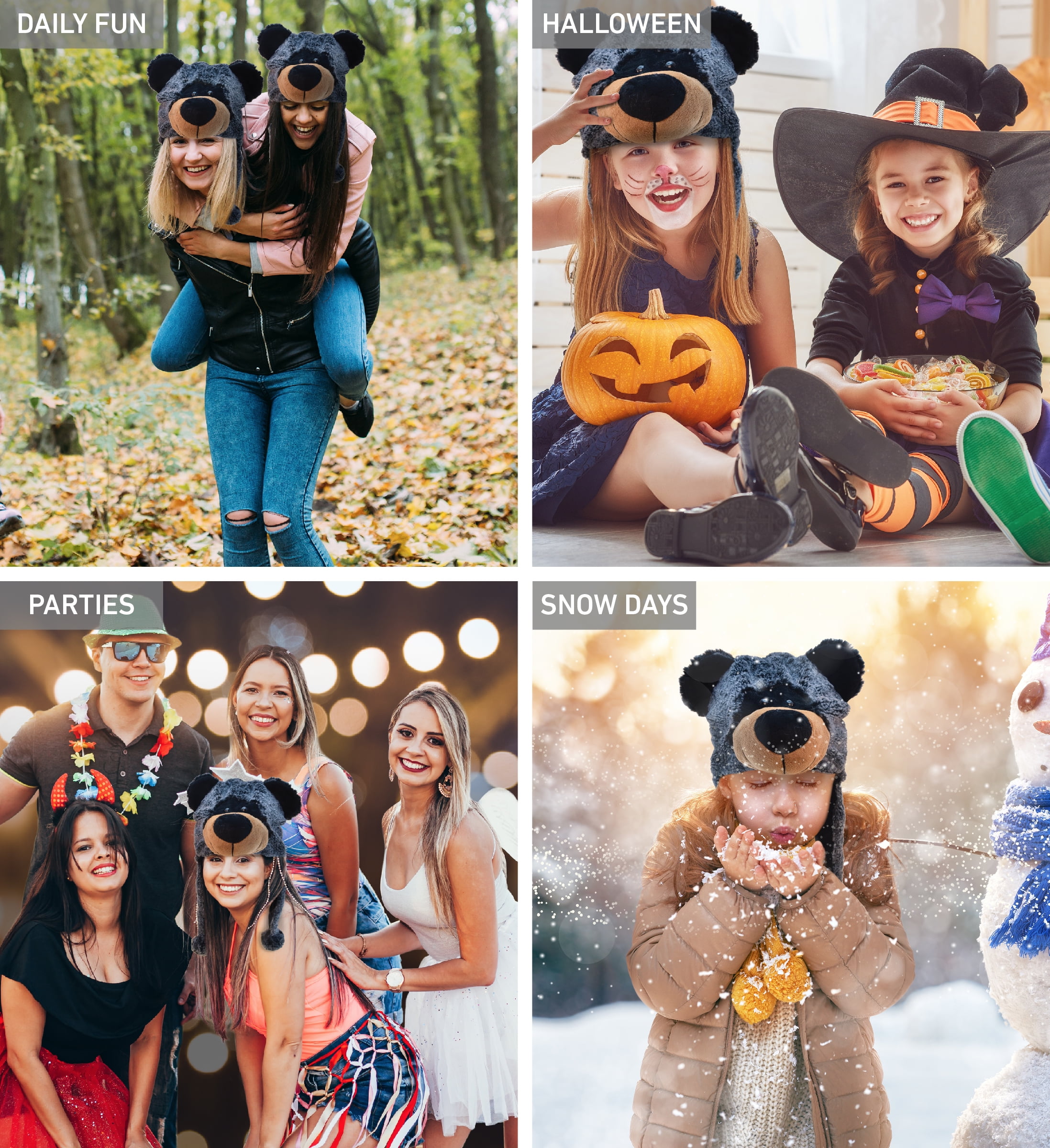 DolliBu Super Soft Black Bear Plush Hat - Fluffy Stuffed Animal Bear Halloween or Cosplay Costume Toy Hat with Ear Flaps For Kids and Teens - One Size