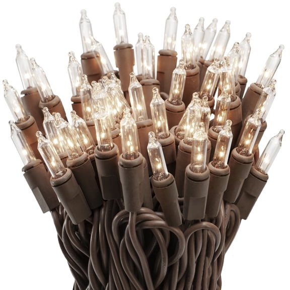 612 Vermont 100 Clear Mini Christmas String Lights on Brown Wire Cord, UL Approved for Indoor/Outdoor Use