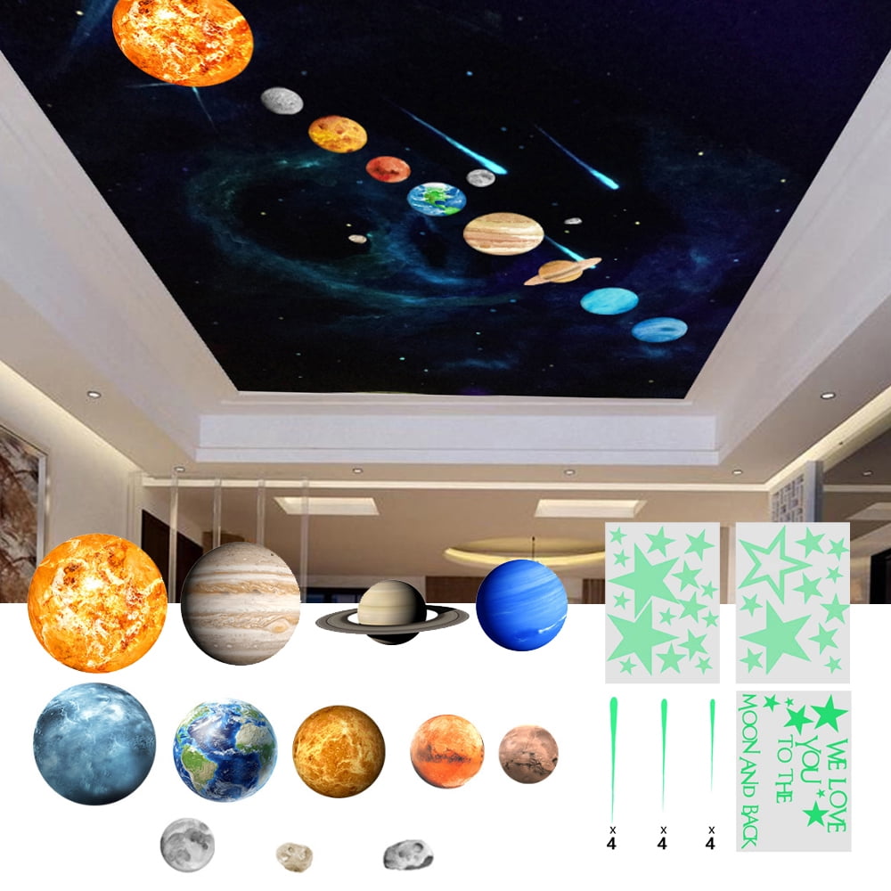 HTOCINQ Solar System Wall Stickers Glow In The Dark 9 Planets Mars Outer Space Decal Bedroom ...