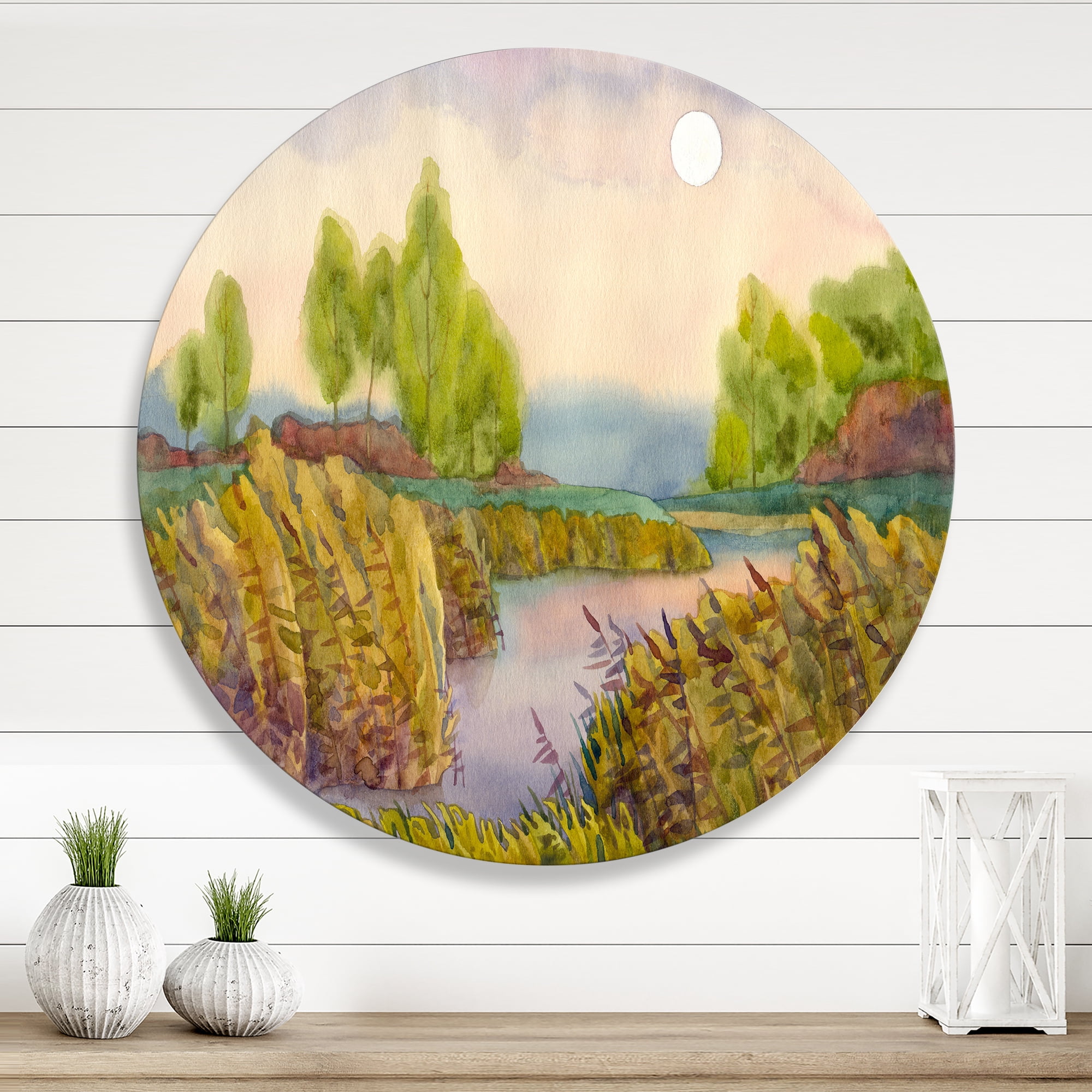 Designart 'Lake In The Reeds With Full Moon' Nautical & Coastal Circle Metal Wall Art 23x23 - Disc of 23