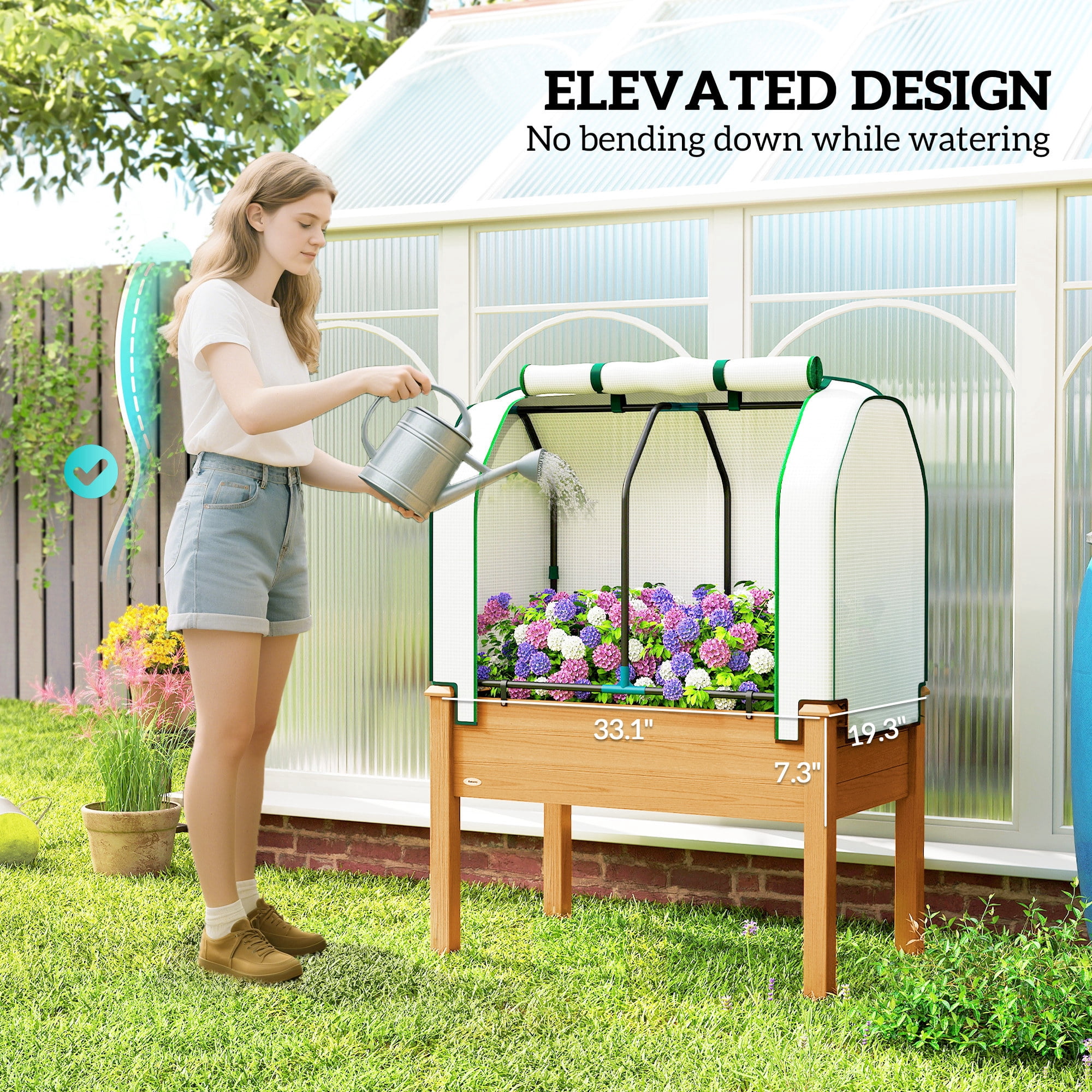 Outsunny Raised Garden Bed with PE Greenhouse Cover Outdoor Elevated Wood Planter Box for Herbs, Vegetables, for Patio, Backyard, Balcony, Sand
