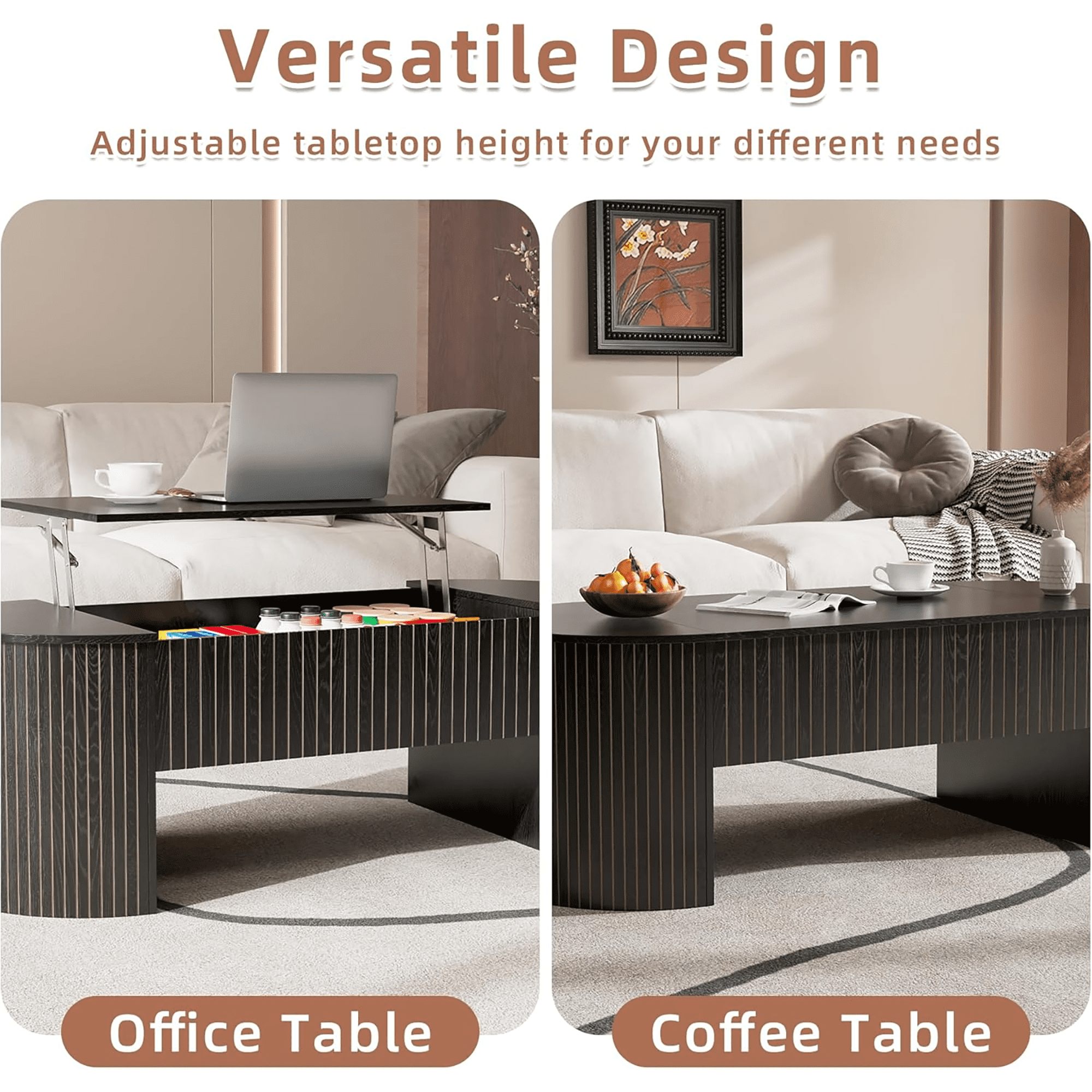 Diubas Oval Lift Top Coffee Table with Hidden Storage, Fluted Coffee Table Center Table for Home Living Room, Black