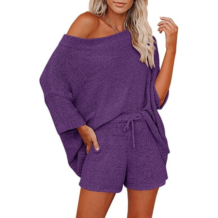 

Ybenlow Womens 2 Piece Casual Pajama Set Off Shoulder Knit Tops and Shorts