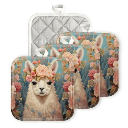 

Bahomeck Pot Holder 4Pcs Charming Portrait Of Alpaca Adorned With Floral Headpiece Square Heat Resistant Hot Pads For Kitchen Cooking Oven With Hanging Loop Potholder Easy To Store