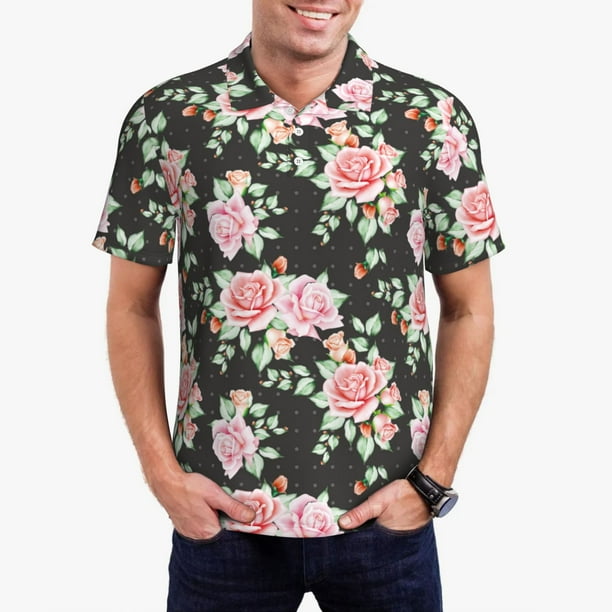 Balery Rose Flowers Camisa Polo de Hombre con Estampado, de Manga Corta y Tejido Medio, Camisa Tipo Golf Polo-Large
