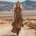 thumbnail image 2 of aohooy Maxi Dresses for Women Boho V Neck Western Dresses Elegant High Waist Tiered Ruffle Hem Flowy Dress Sleeveless Sundress Brown,S, 2 of 8