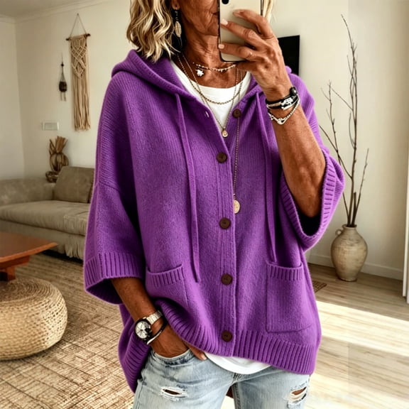 Women 3/4 Sleeve Button Drawstring Hooded Knit Cardigan Sweater with Pocket, 2XL