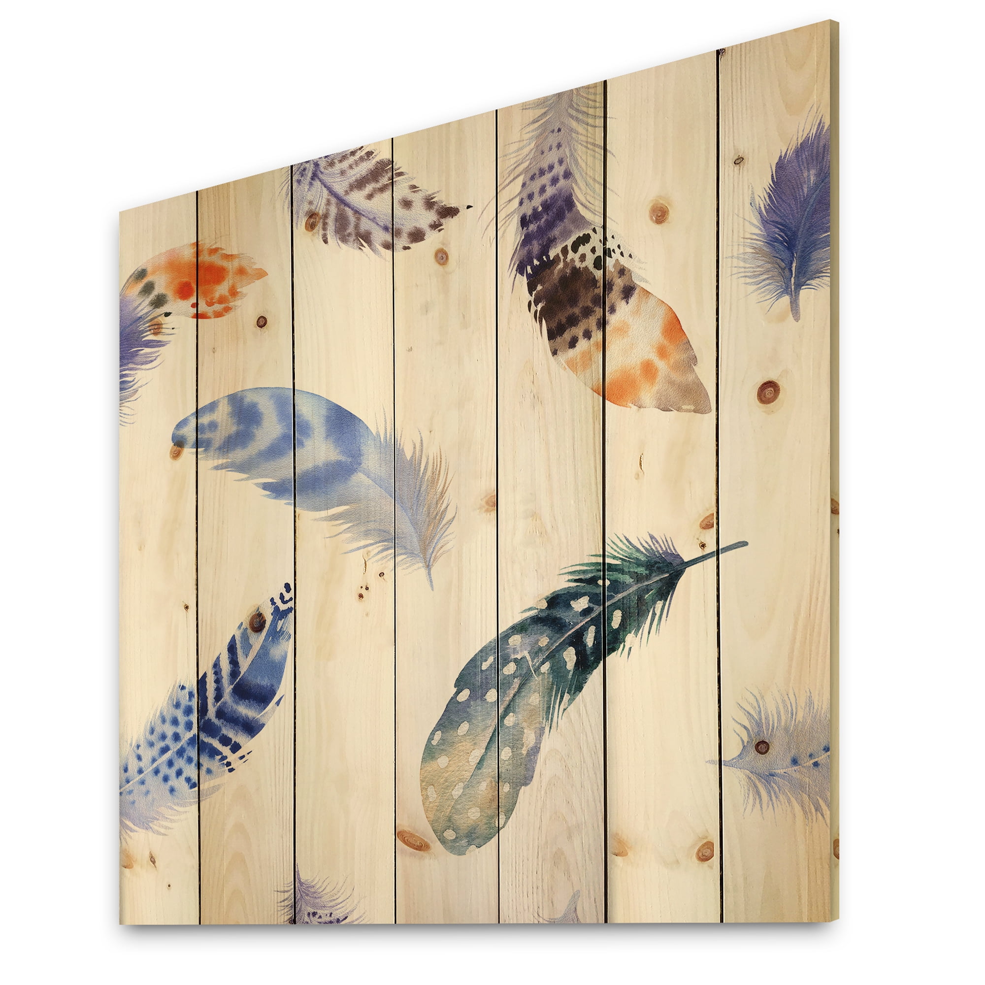 Designart 'Colourful Boho Feather Set On White VII' Bohemian & Eclectic Print on Natural Pine Wood