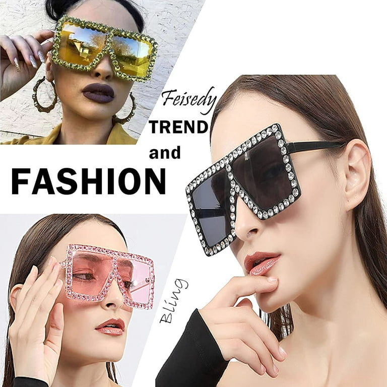 FEISEDY Oversized Sparkling Crystal Sunglasses Disco Diamond Flat Top  Fashion Square Large Shades B2782