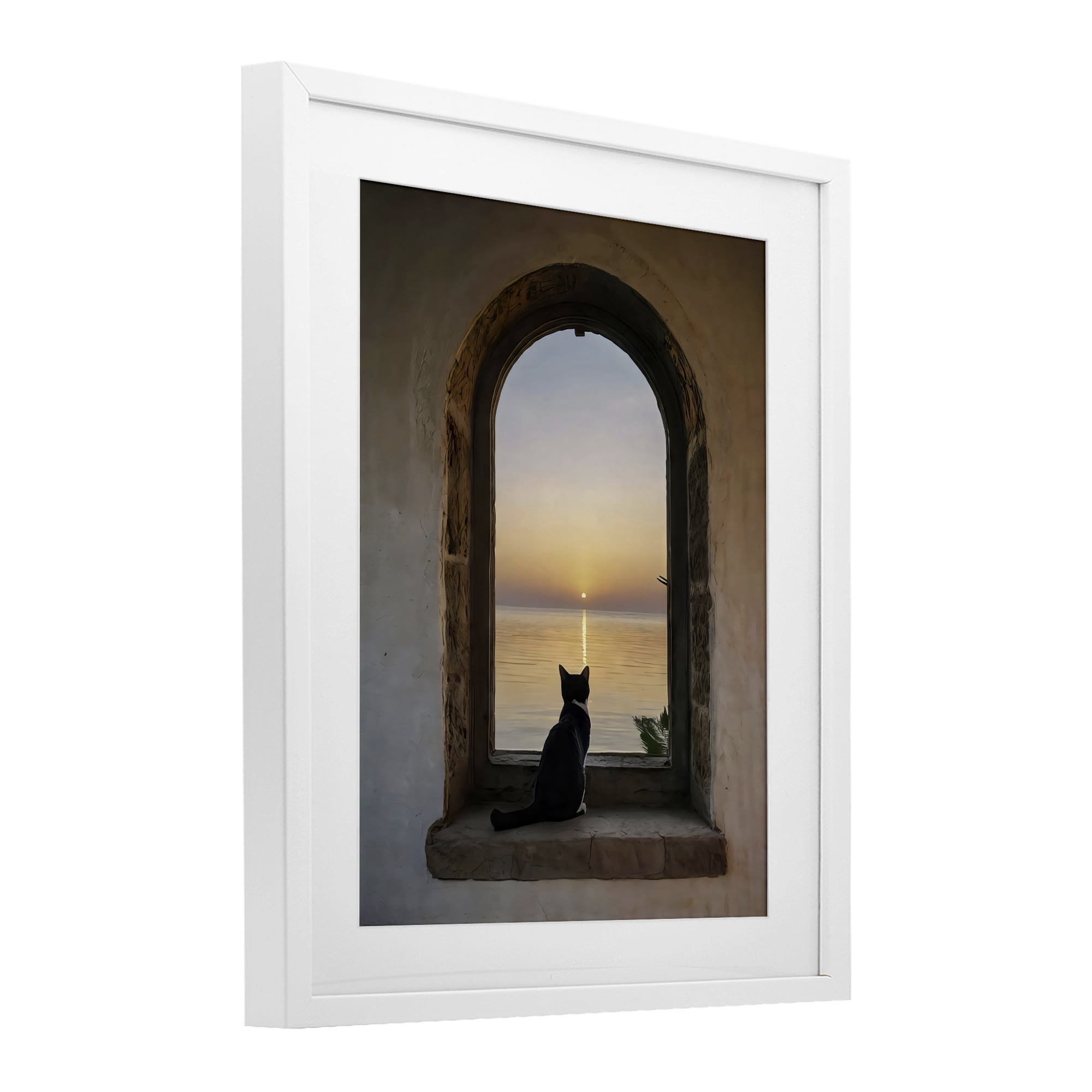 Stupell Industries Cat Overlooking Water at Sunset White Framed Print Under Glass, design by Creative Studio