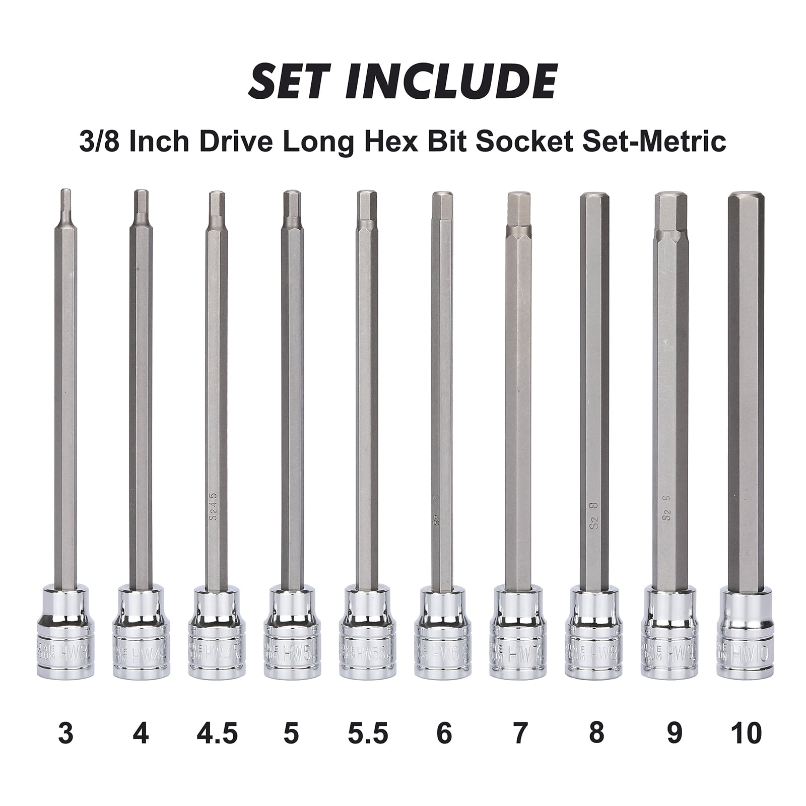 18-Piece 3/8 inch Drive Long Hex Bit Socket Set, 1/8 "- 3/8 ", 3mm - 10mm, SAE & Metric, Extra Long Allen Hex Bit Socket Set, CR-V and S2 Steel